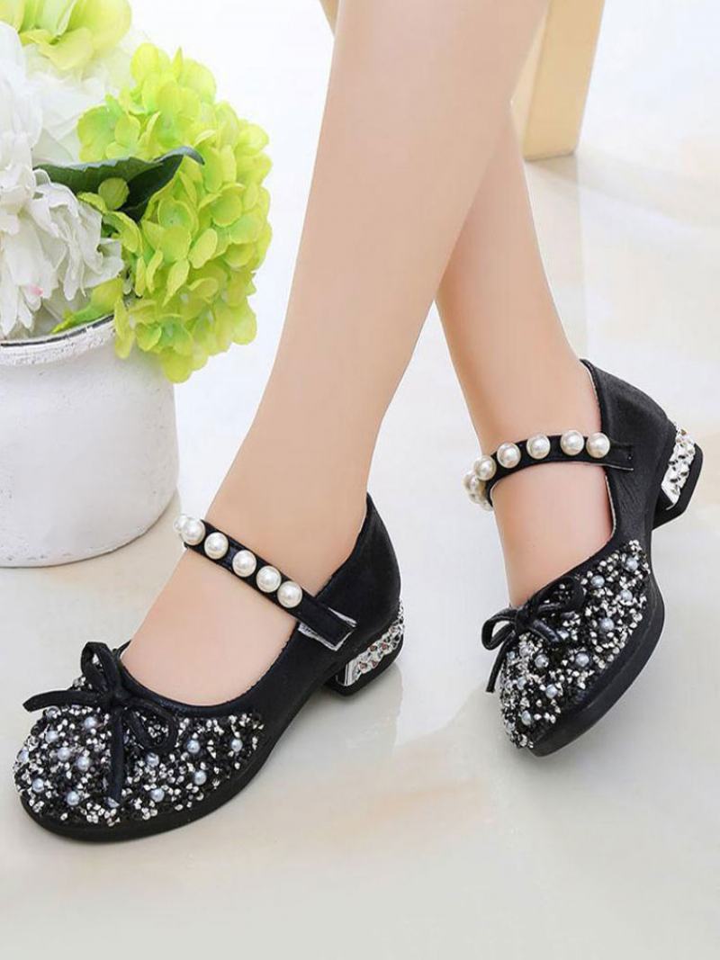 Girls Glitter Bow Pearls Mary Jane Flower Girl Flats - Μαύρο