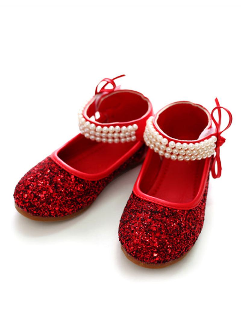 Glitter Round Toe Pearls Ankle Strap Wedding Flower Παπούτσια Για Κορίτσια