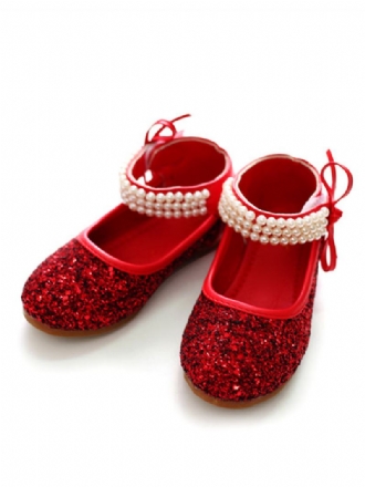 Glitter Round Toe Pearls Ankle Strap Wedding Flower Παπούτσια Για Κορίτσια