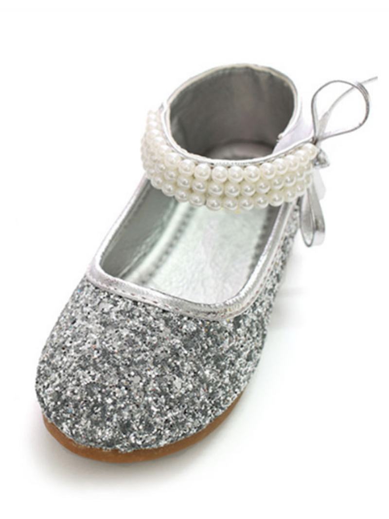 Glitter Round Toe Pearls Ankle Strap Wedding Flower Παπούτσια Για Κορίτσια - Ασημί