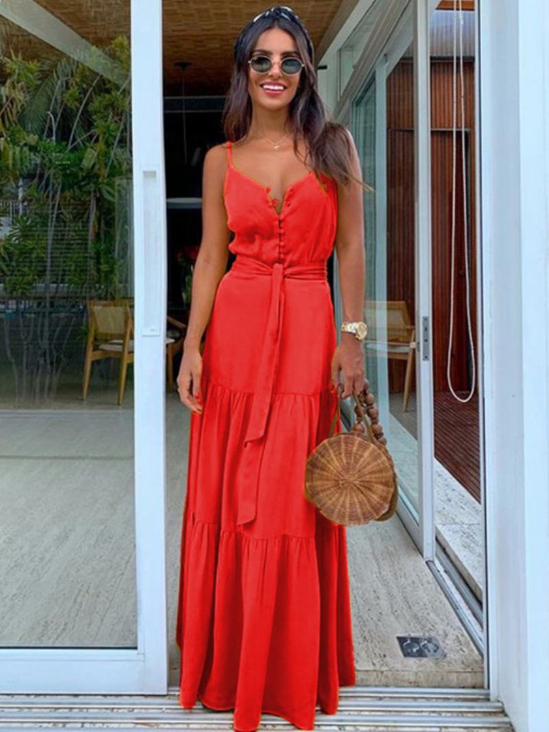 Maxi Slip Dress Κουμπιά Αμάνικο Γυναικείο Φόρεμα Παραλίας Με Μακρύ Στημόνι - Κόκκινο