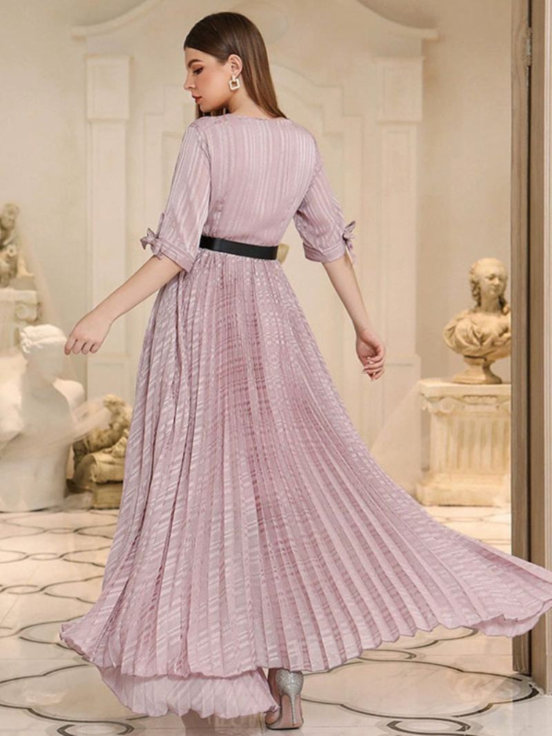 Maxi Φόρεμα Με V Λαιμόκοψη Μισό Μανίκι Chiffon Μακρύ Χορού Για Γυναίκες - Ροζ