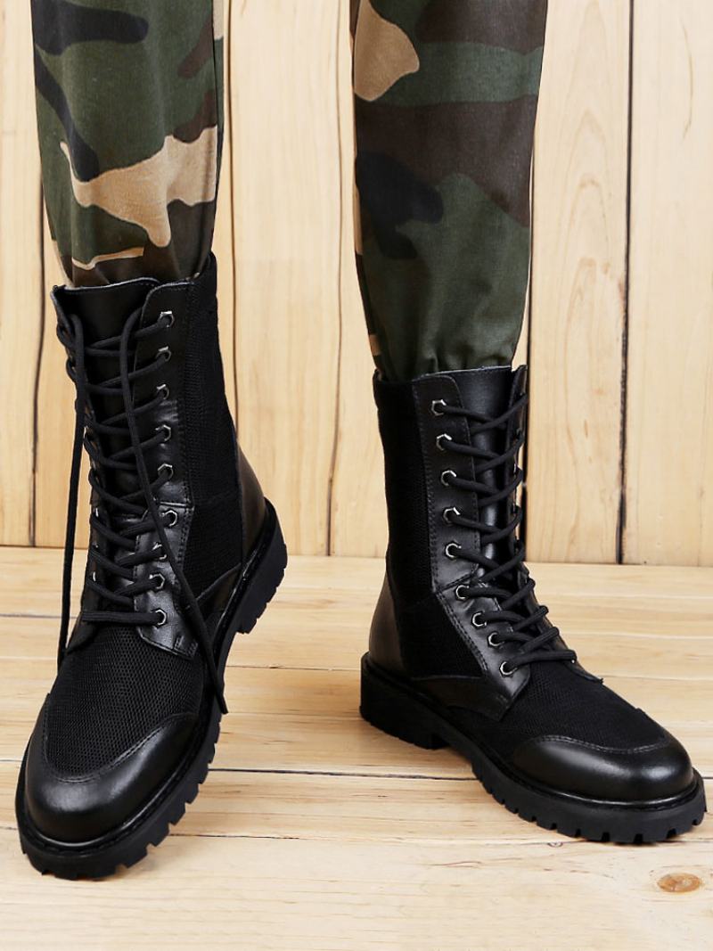 Mid Calf Μπότες Για Ανδρικά Fabulous Pu Δερμάτινα Round Toe Lace Up Μαύρες - Μαύρος