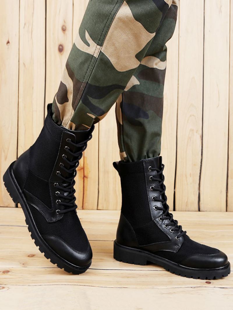 Mid Calf Μπότες Για Ανδρικά Fabulous Pu Δερμάτινα Round Toe Lace Up Μαύρες - Μαύρος