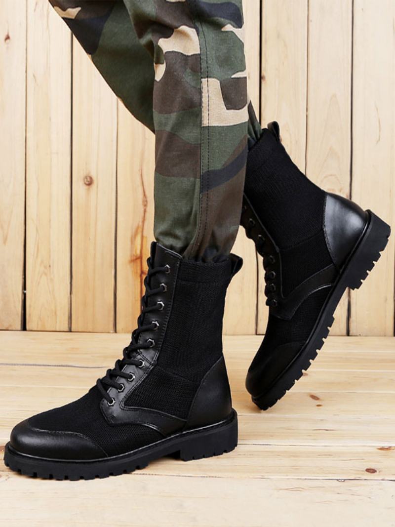 Mid Calf Μπότες Για Ανδρικά Fabulous Pu Δερμάτινα Round Toe Lace Up Μαύρες - Μαύρος