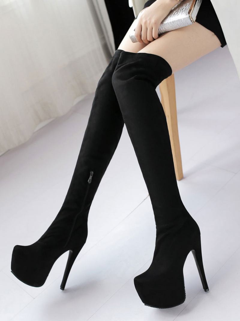 Over Knee Boots Γυναικεία Σέξι Παπούτσια Μαύρα Stretch Μπότες Πλατφόρμας Stiletto