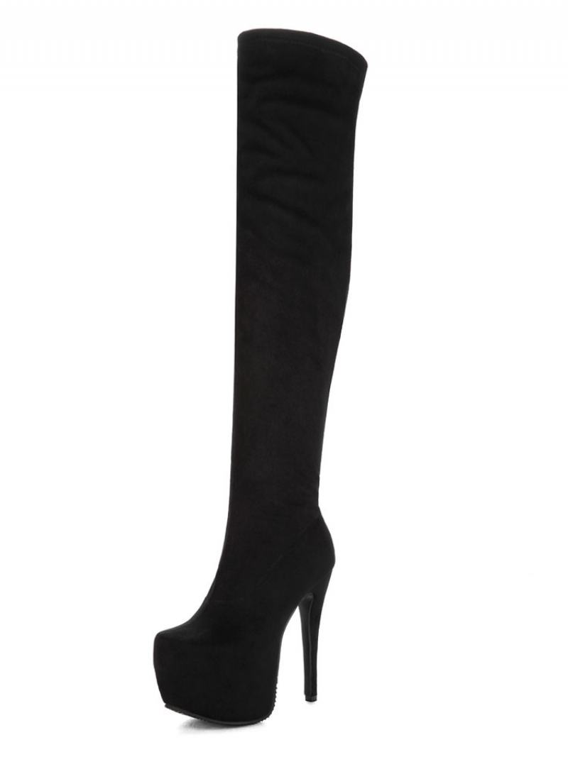 Over Knee Boots Γυναικεία Σέξι Παπούτσια Μαύρα Stretch Μπότες Πλατφόρμας Stiletto - Μαύρος