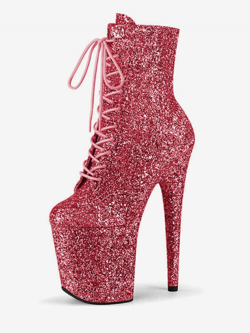 Pole Dance Παπούτσια Γυναικεία Glitter Lace Up Stiletto Heel Boots Με Πλατφόρμα 4 Ιντσών