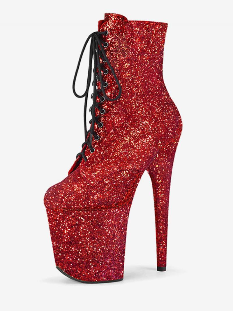 Pole Dance Παπούτσια Γυναικεία Glitter Lace Up Stiletto Heel Boots Με Πλατφόρμα 4 Ιντσών - Κόκκινο