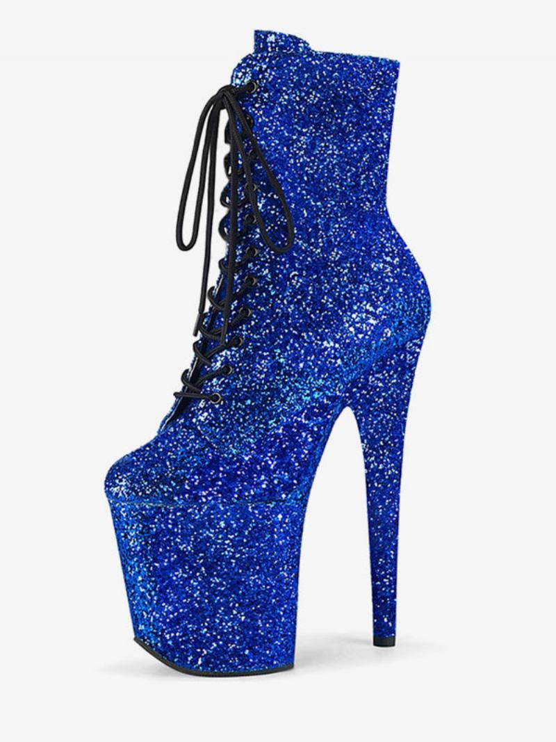 Pole Dance Παπούτσια Γυναικεία Glitter Lace Up Stiletto Heel Boots Με Πλατφόρμα 4 Ιντσών - Μπλε