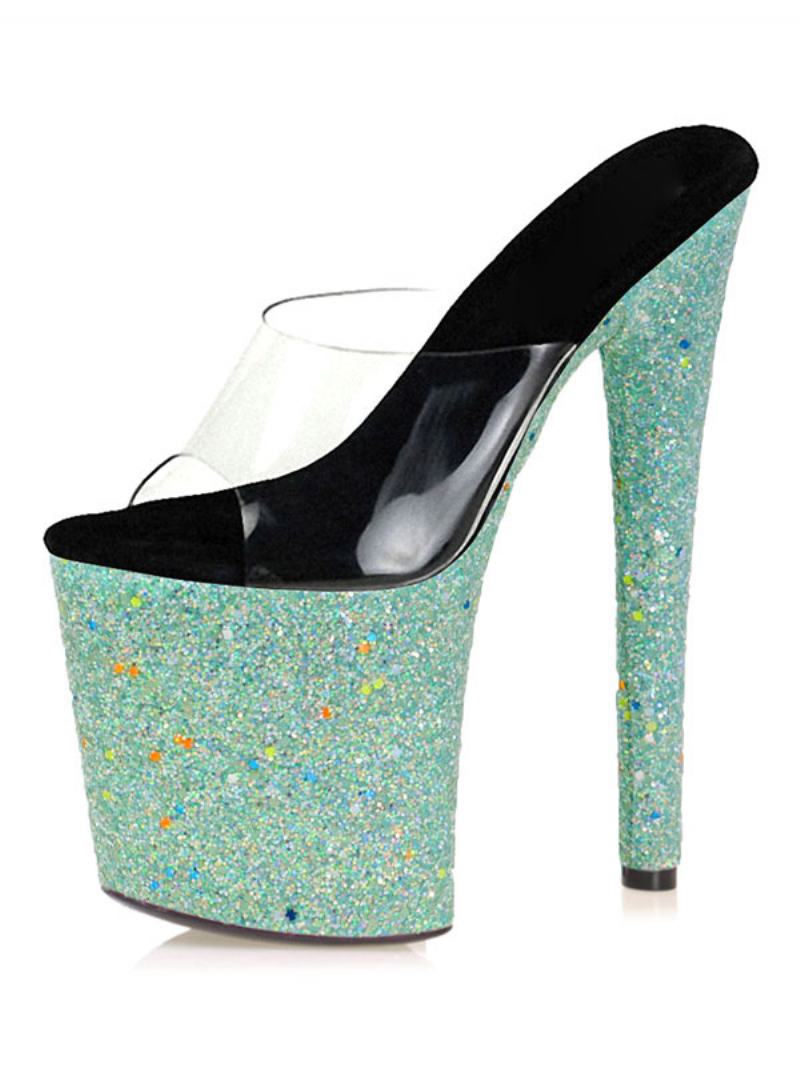 Pole Dance Παπούτσια Γυναικεία Glitter Platform Exotic Ψηλοτάκουνα Clear Mules Σε Κυανό