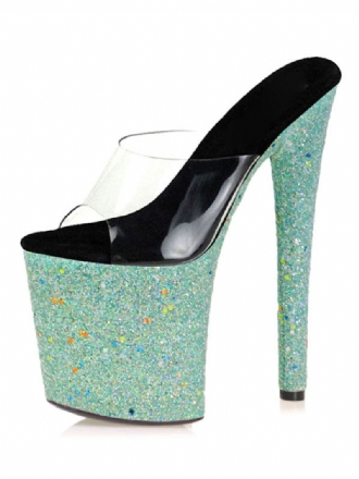 Pole Dance Παπούτσια Γυναικεία Glitter Platform Exotic Ψηλοτάκουνα Clear Mules Σε Κυανό