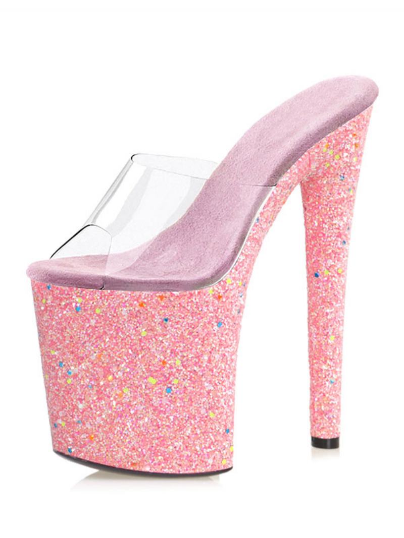 Pole Dance Παπούτσια Γυναικεία Glitter Platform Exotic Ψηλοτάκουνα Clear Mules Σε Κυανό - Ροζ