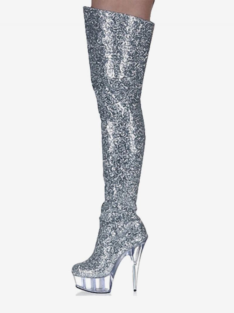 Pole Dance Παπούτσια Γυναικεία Sparkly Stripper Πλατφόρμας Stiletto Heel Over The Knee - Ασημί