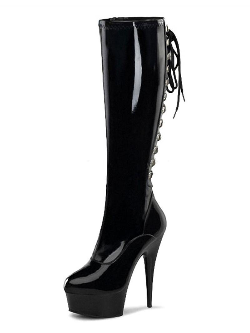 Pole Dance Παπούτσια Γυναικεία Πλατφόρμα Lace Up Stiletto Heel Sexy Knee Boots - Μαύρο