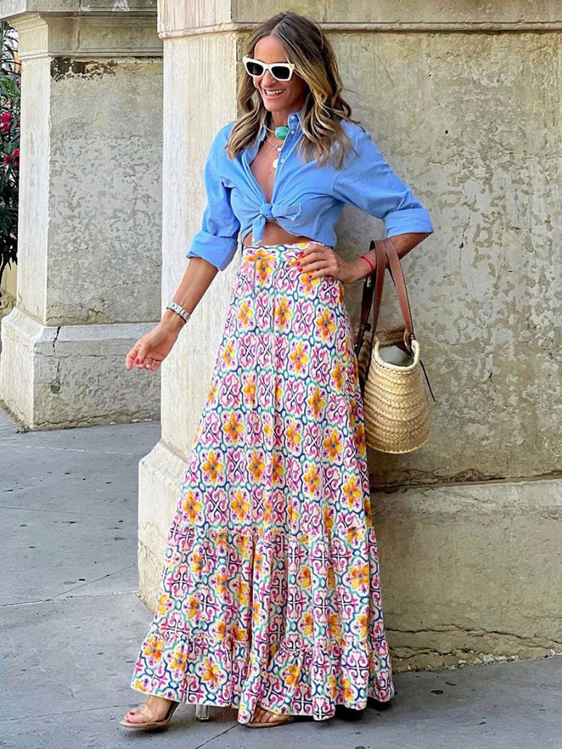 Print Full Φούστα Ψηλόμεση Layering Chic Γυναικείο Πάτο - Κίτρινο