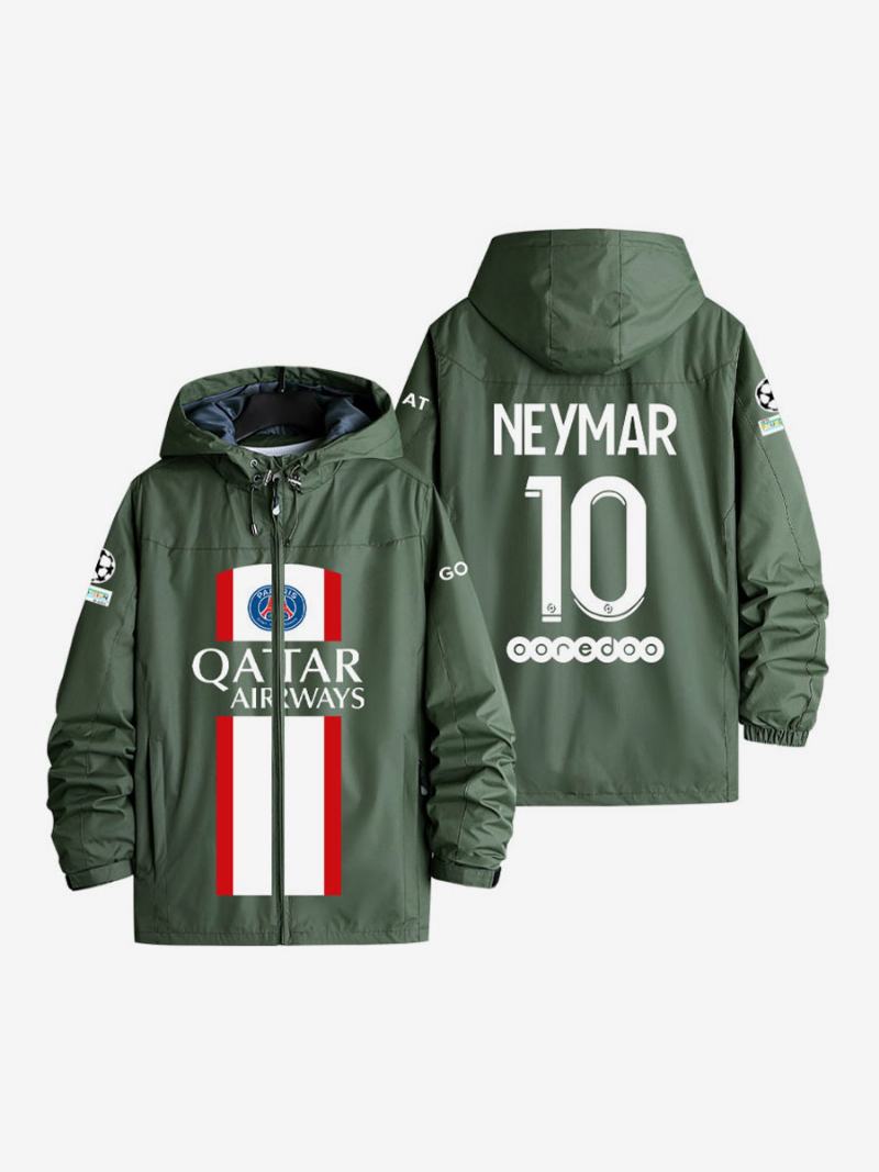 Psg Number 10 Neymar Jr Ανδρικό Μπουφάν Με Κουκούλα Μπλε Παλτό Φερμουάρ - Hunter Green