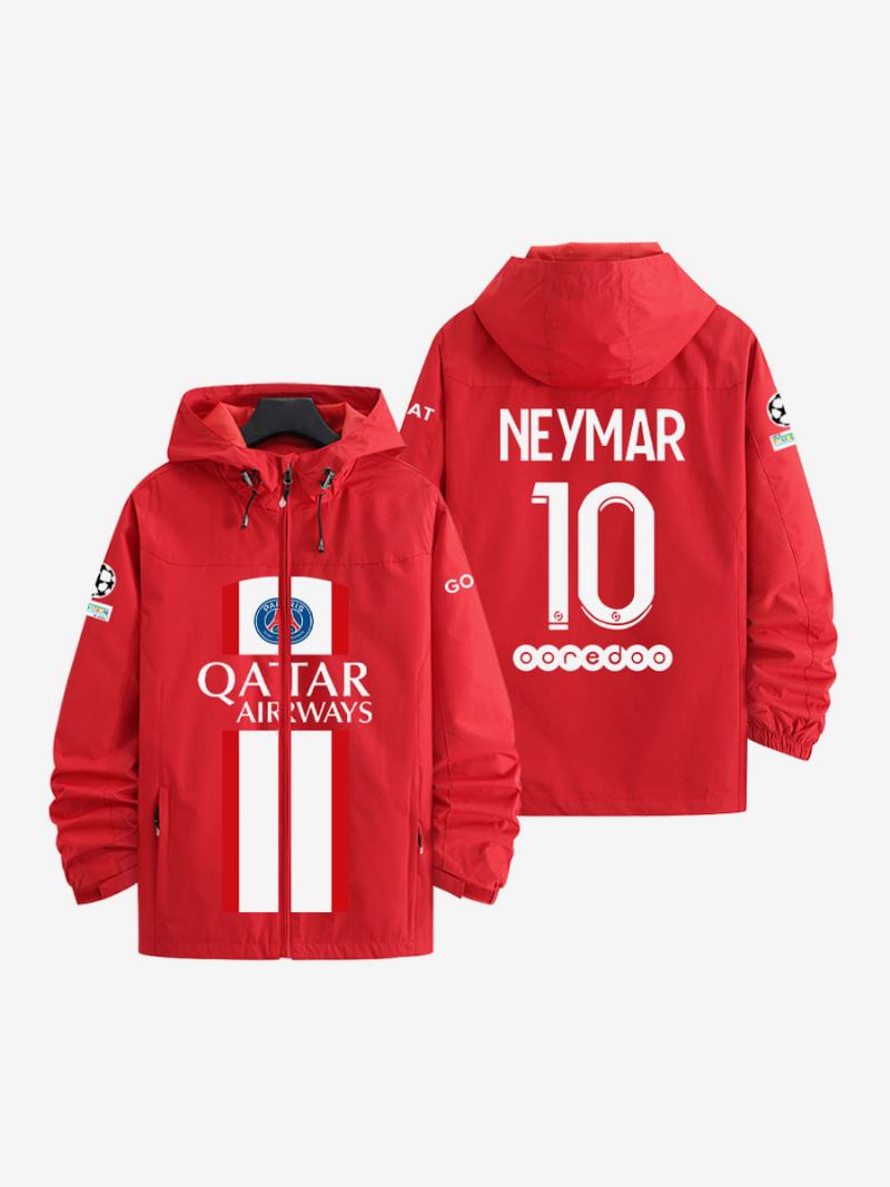 Psg Number 10 Neymar Jr Ανδρικό Μπουφάν Με Κουκούλα Μπλε Παλτό Φερμουάρ - Κόκκινο