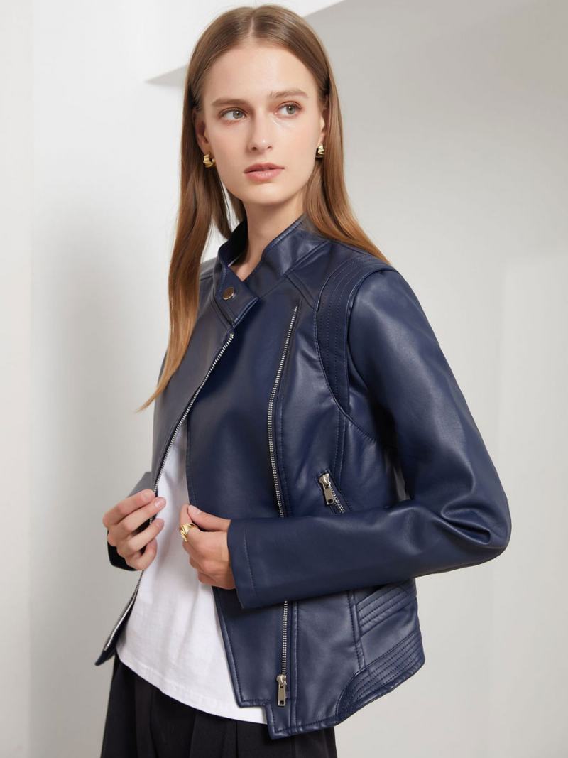 Pu Δερμάτινο Moto Jacket Stand Collar Spring Biker Outerwear Για Γυναίκες - Dark Navy