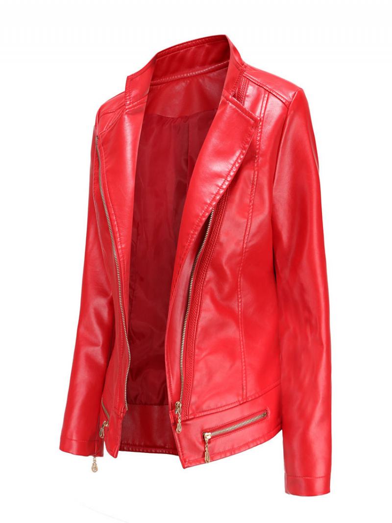 Pu Δερμάτινο Moto Jacket Zip Up Spring Biker Outerwear Για Γυναίκες - Κόκκινο