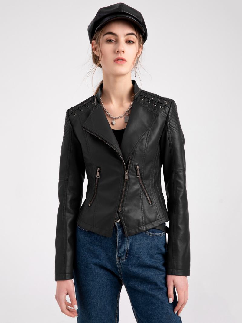 Pu Δερμάτινο Moto Jacket Ψηλόμεσο Ανοιξιάτικο Biker Outerwear Για Γυναικεία - Μαύρο