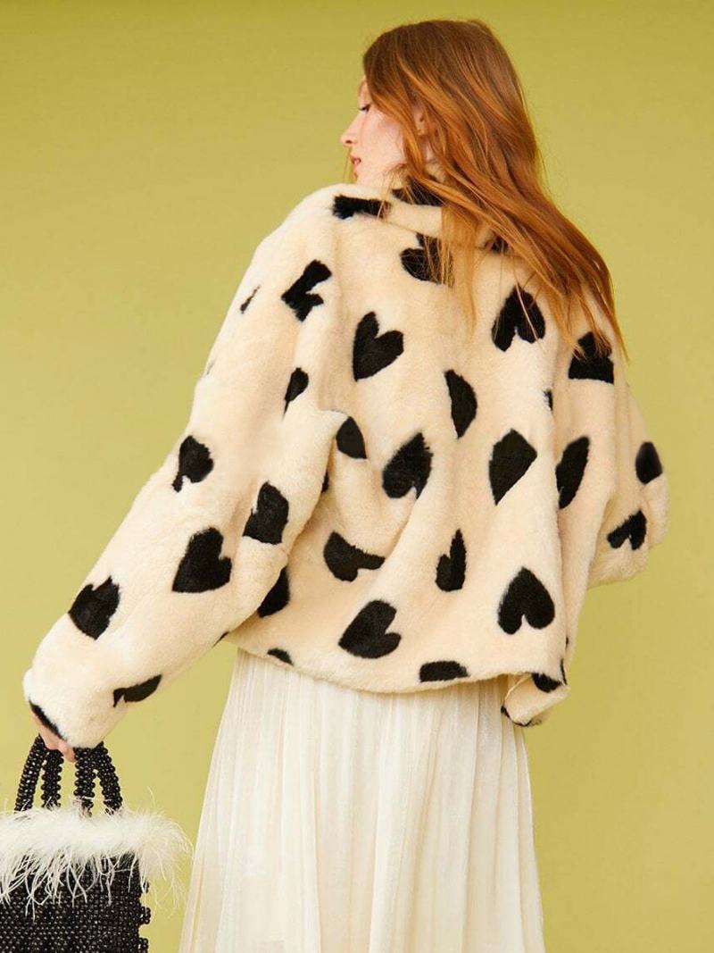 Teddy Coat Heart Printed Top Κουμπιά Γιακά Χειμερινά Γυναικεία Πανωφόρια - Ανοιχτό Κίτρινο