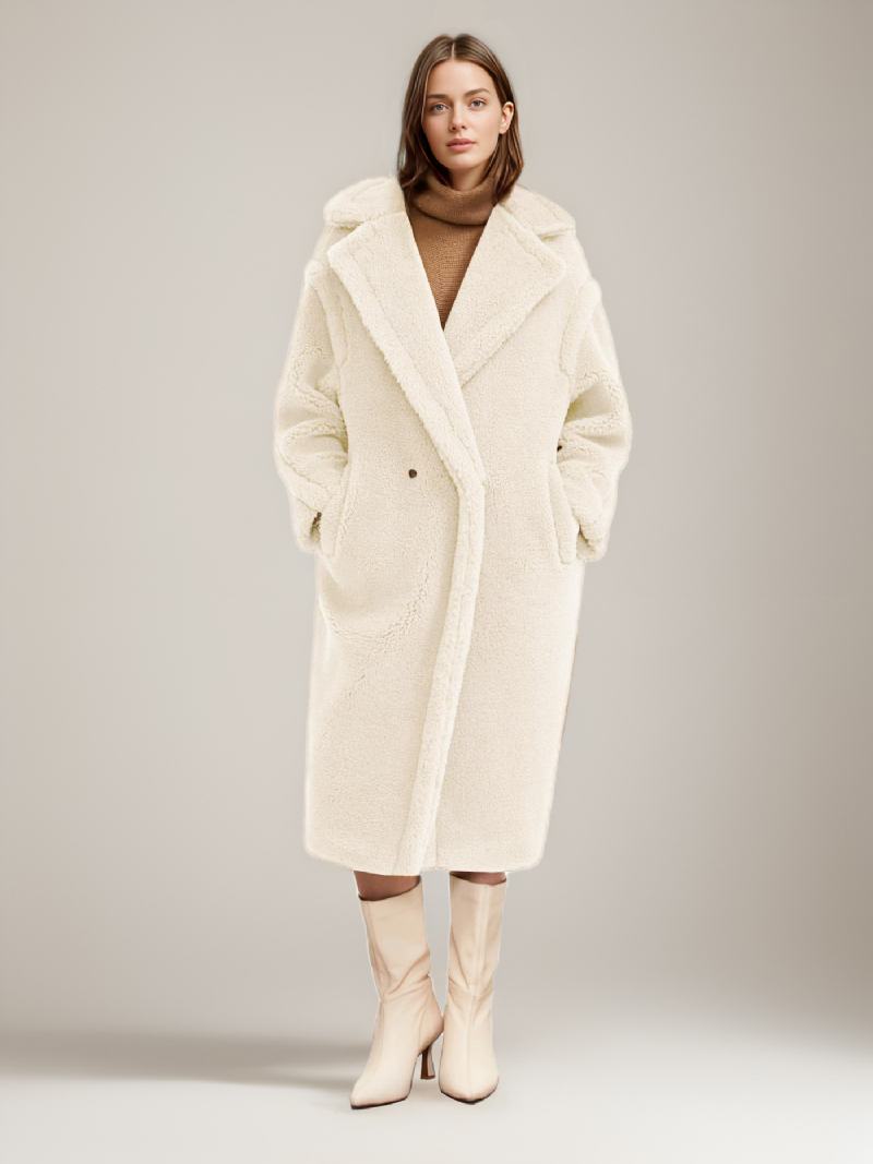 Teddy Coat Με Οδοντωτό Πέτο Longline Faux Fur Outerwear Για Γυναίκες - Ελεφαντοστού