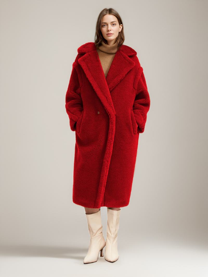 Teddy Coat Με Οδοντωτό Πέτο Longline Faux Fur Outerwear Για Γυναίκες - Κόκκινο