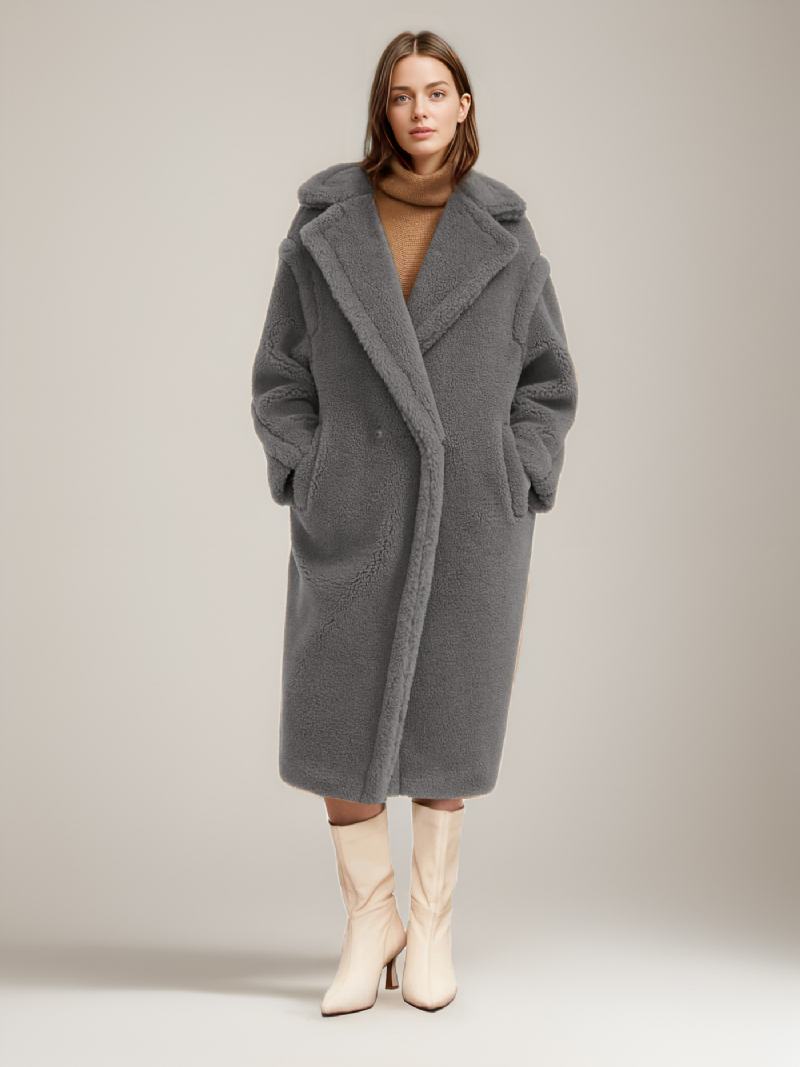 Teddy Coat Με Οδοντωτό Πέτο Longline Faux Fur Outerwear Για Γυναίκες - Ανοικτό Γκρι