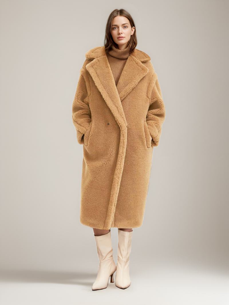 Teddy Coat Με Οδοντωτό Πέτο Longline Faux Fur Outerwear Για Γυναίκες - Camel