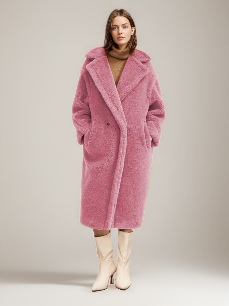 Teddy Coat Με Οδοντωτό Πέτο Longline Faux Fur Outerwear Για Γυναίκες - Ροζ