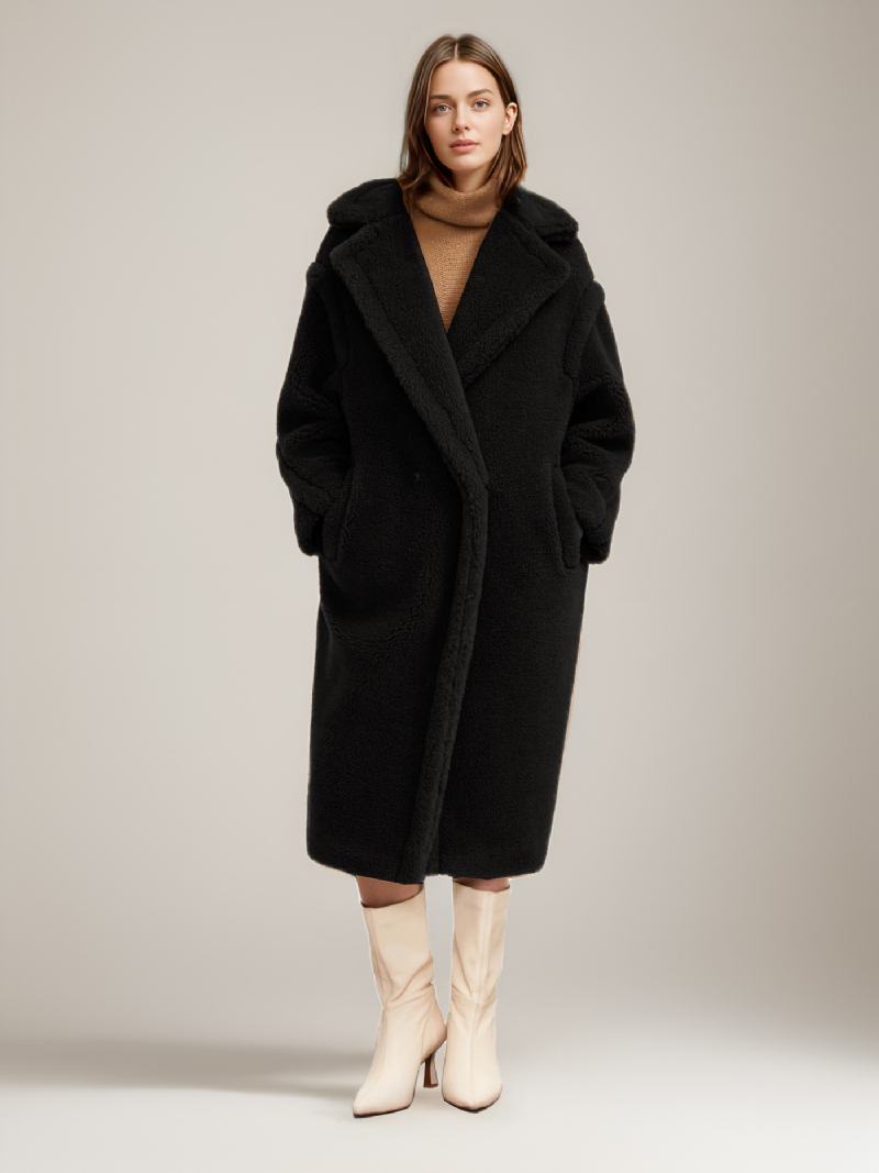 Teddy Coat Με Οδοντωτό Πέτο Longline Faux Fur Outerwear Για Γυναίκες - Μαύρο