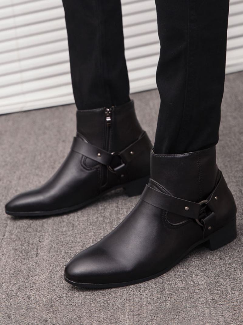 Ανδρικά Chelsea Boots Fabulous Buckle Pu Δερμάτινα Μυτερά Μποτάκια - Μαύρος