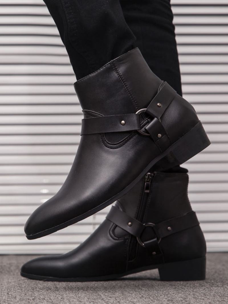 Ανδρικά Chelsea Boots Fabulous Buckle Pu Δερμάτινα Μυτερά Μποτάκια - Μαύρος