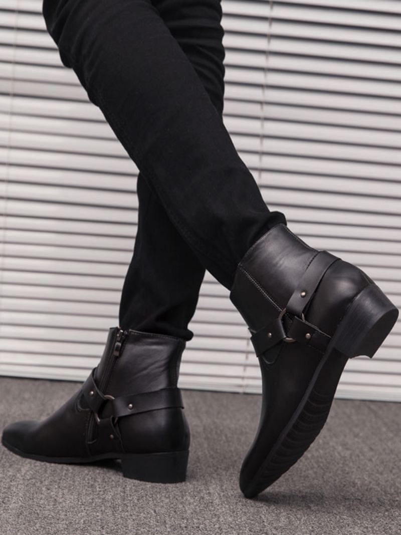 Ανδρικά Chelsea Boots Fabulous Buckle Pu Δερμάτινα Μυτερά Μποτάκια - Μαύρος