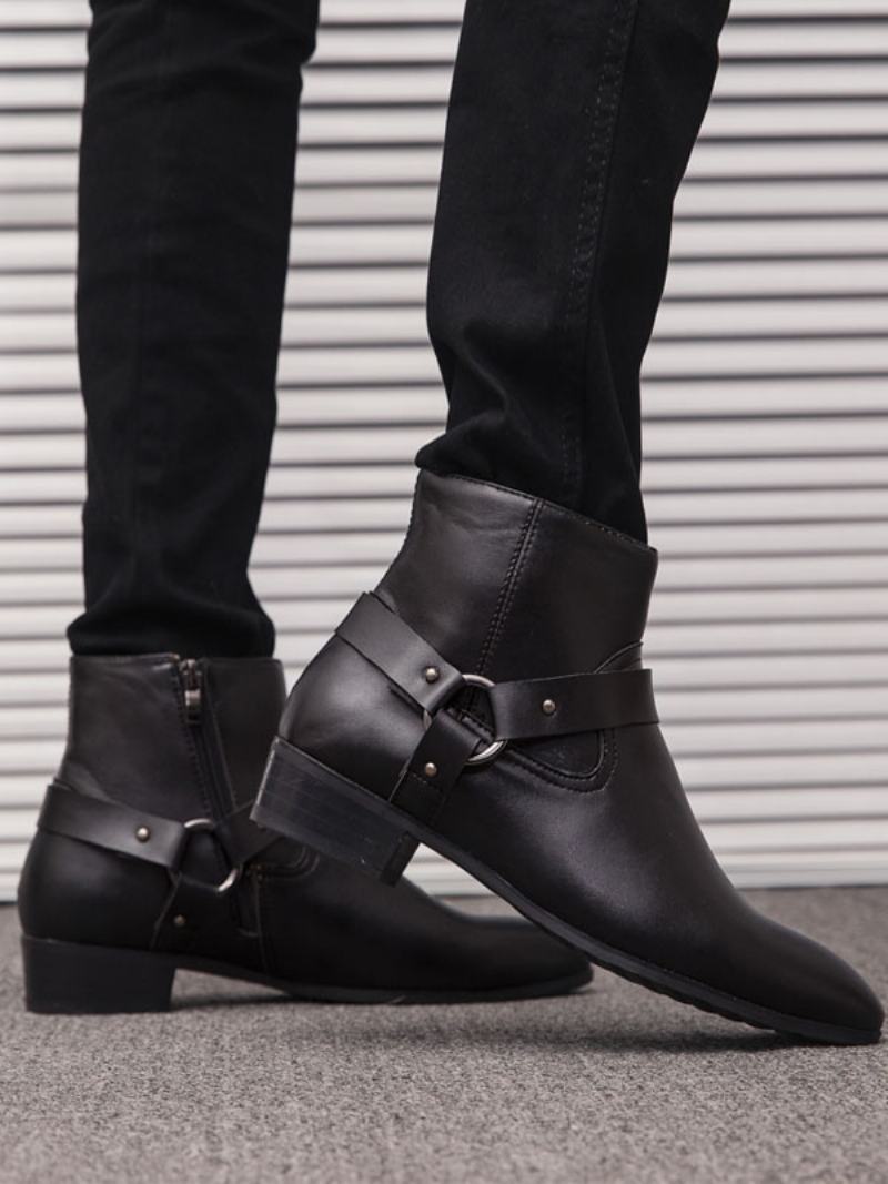 Ανδρικά Chelsea Boots Fabulous Buckle Pu Δερμάτινα Μυτερά Μποτάκια - Μαύρος