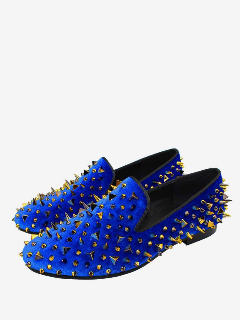 Ανδρικά Loafers Golden Spikes Σε Blue Suede Prom Party Γαμήλια Παπούτσια