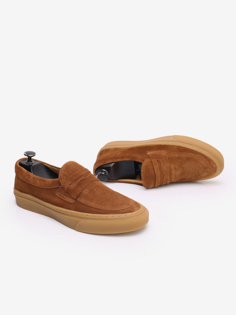 Ανδρικά Slip-on Στρογγυλά Παπούτσια Loafer Από Δέρμα Αγελάδας - Καφέ Καφέ