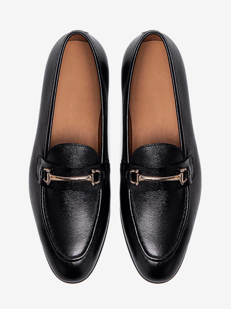 Ανδρικά Slip-on Στρογγυλά Παπούτσια Γάμου Loafer Από Δέρμα Αγελάδας - Μαύρος