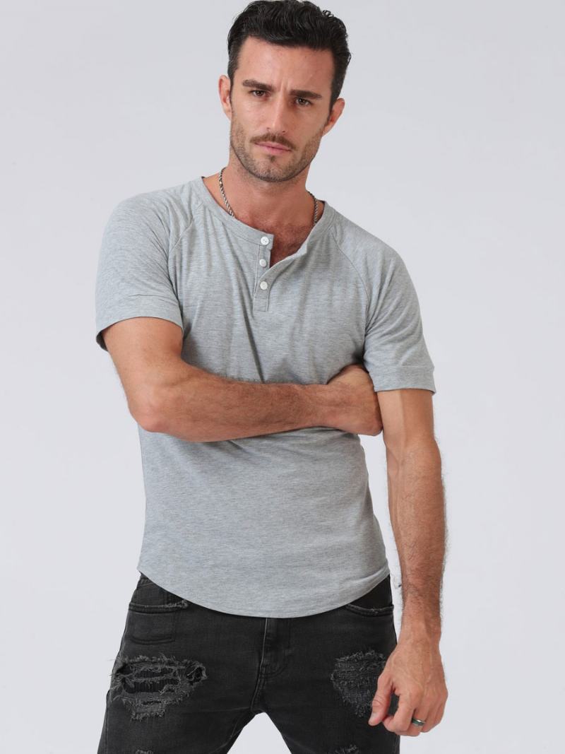 Ανδρικά T-shirts Casual Jewel Neck Κοντά Μανίκια - Ανοιχτό Γκρι