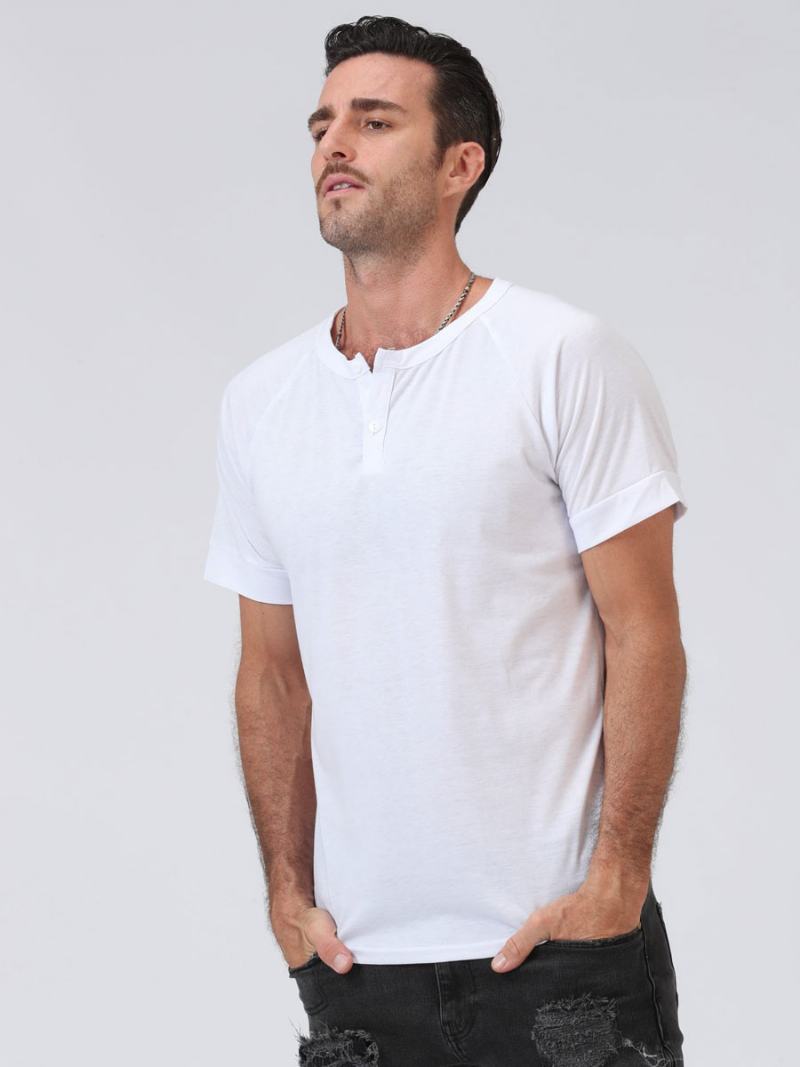 Ανδρικά T-shirts Casual Jewel Neck Κοντά Μανίκια - Λευκό