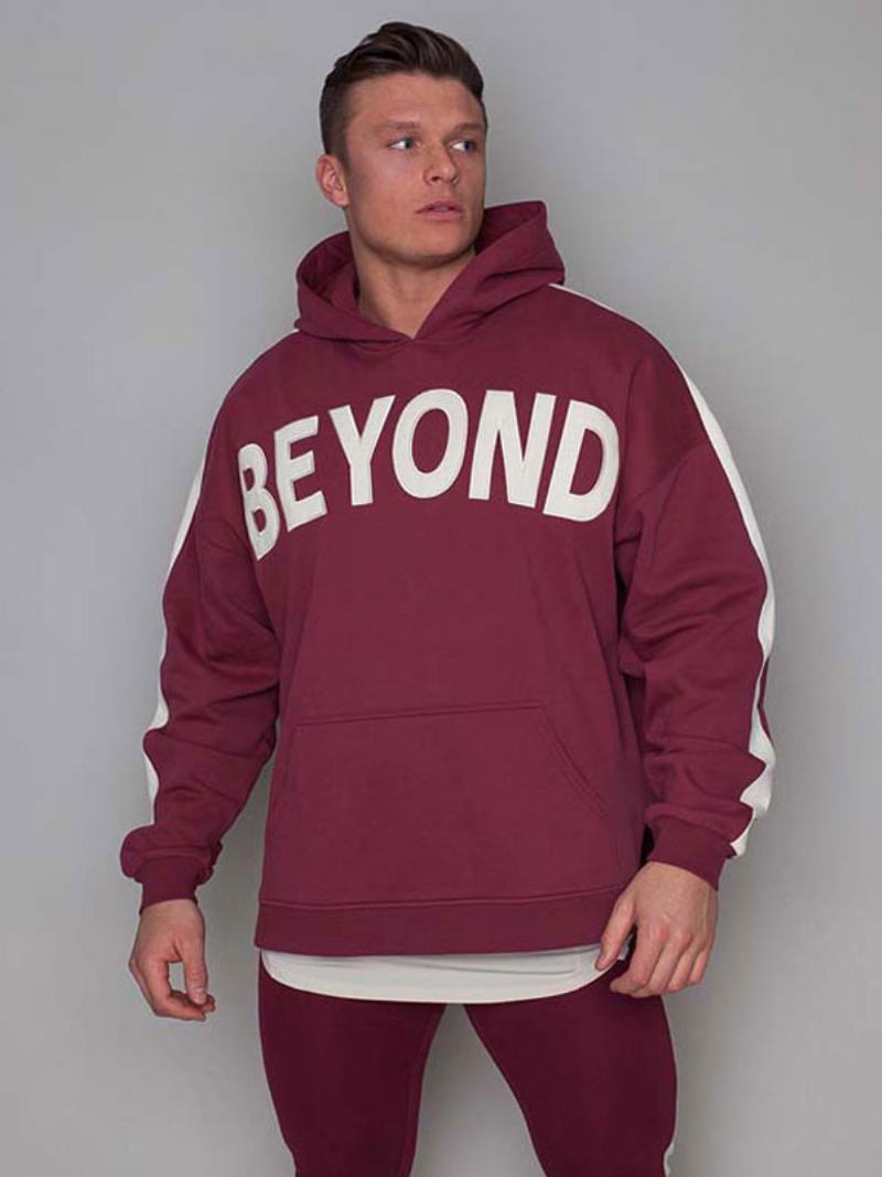 Ανδρικά T-shirts Chic Hooded Words Print Μακριά Μανίκια - Βουργουνδία