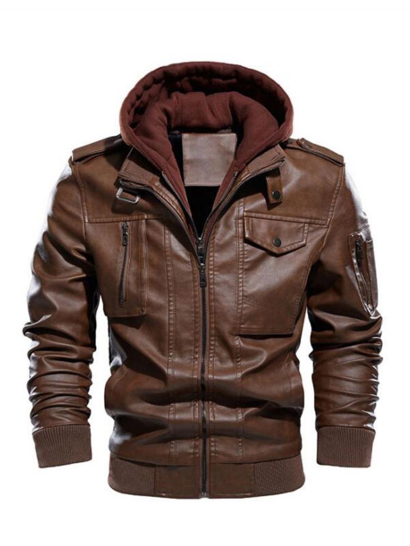 Ανδρικά Δερμάτινα Μπουφάν Color Block Zipper Thicken Windbreaker Fashion Layered Coffee Brown