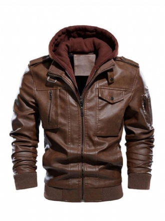 Ανδρικά Δερμάτινα Μπουφάν Color Block Zipper Thicken Windbreaker Fashion Layered Coffee Brown