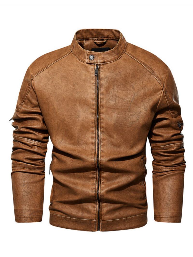 Ανδρικά Δερμάτινα Μπουφάν Zipper Pu Leather Thicken Moto Stylish Layered Coffee Brown