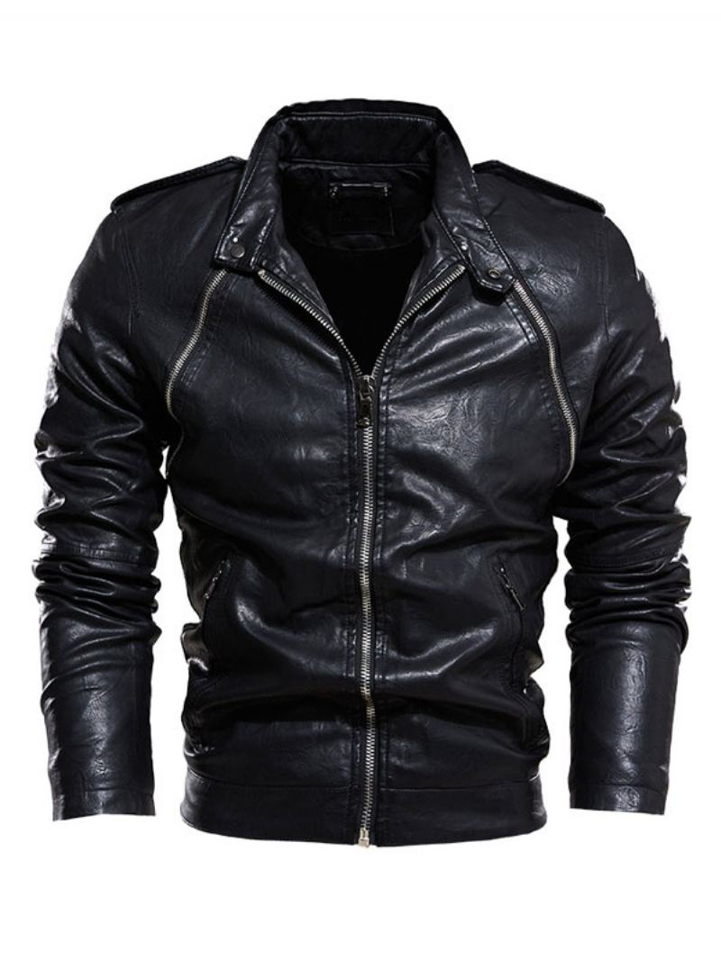 Ανδρικά Δερμάτινα Μπουφάν Zipper Pu Leather Thicken Windbreaker Stylish Layered Black