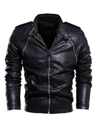 Ανδρικά Δερμάτινα Μπουφάν Zipper Pu Leather Thicken Windbreaker Stylish Layered Black