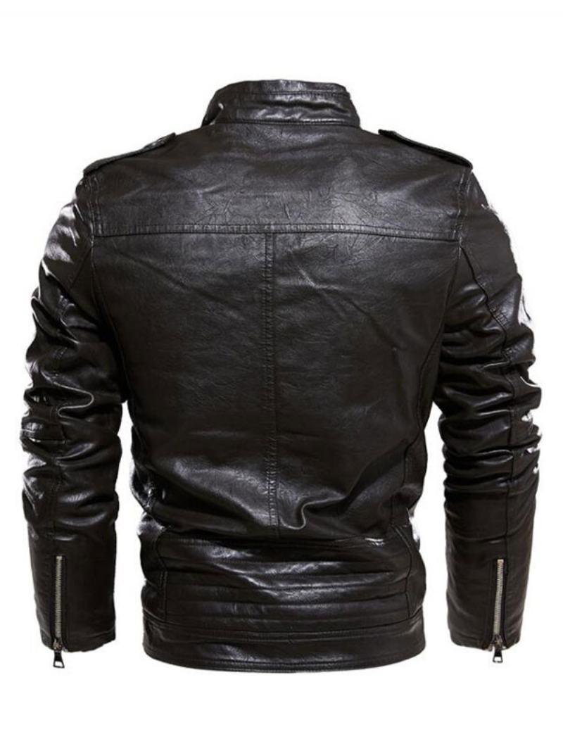 Ανδρικά Δερμάτινα Μπουφάν Zipper Pu Leather Thicken Windbreaker Stylish Layered Black - Μαύρο