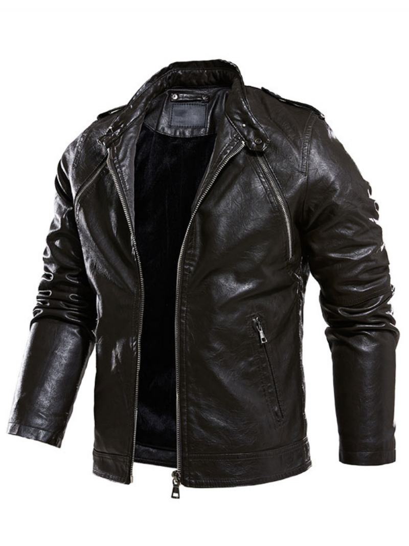 Ανδρικά Δερμάτινα Μπουφάν Zipper Pu Leather Thicken Windbreaker Stylish Layered Black - Μαύρο