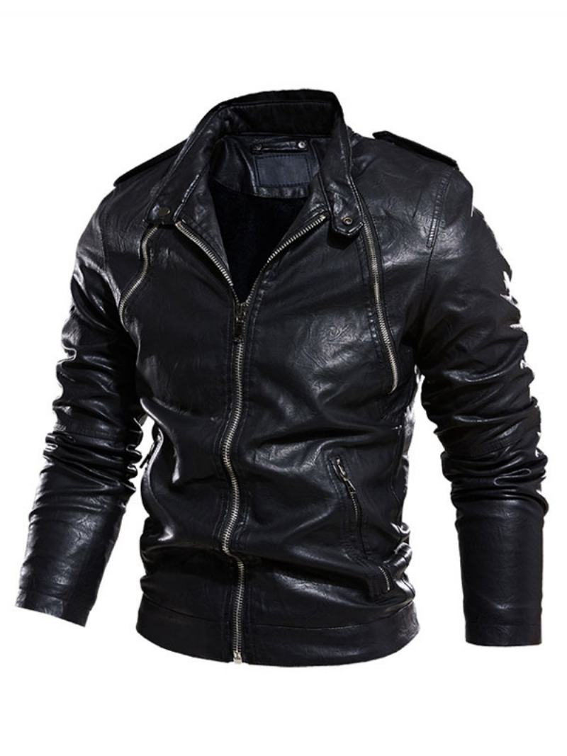 Ανδρικά Δερμάτινα Μπουφάν Zipper Pu Leather Thicken Windbreaker Stylish Layered Black - Μαύρο